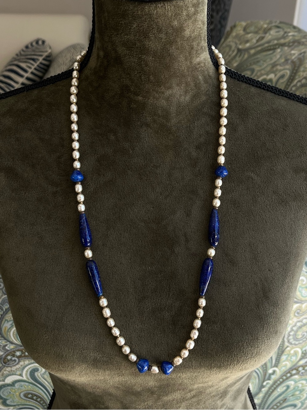 Vintage Miriam Haskell Faux Lapis Blue Glass Baroque Pearl Long Beaded Necklace